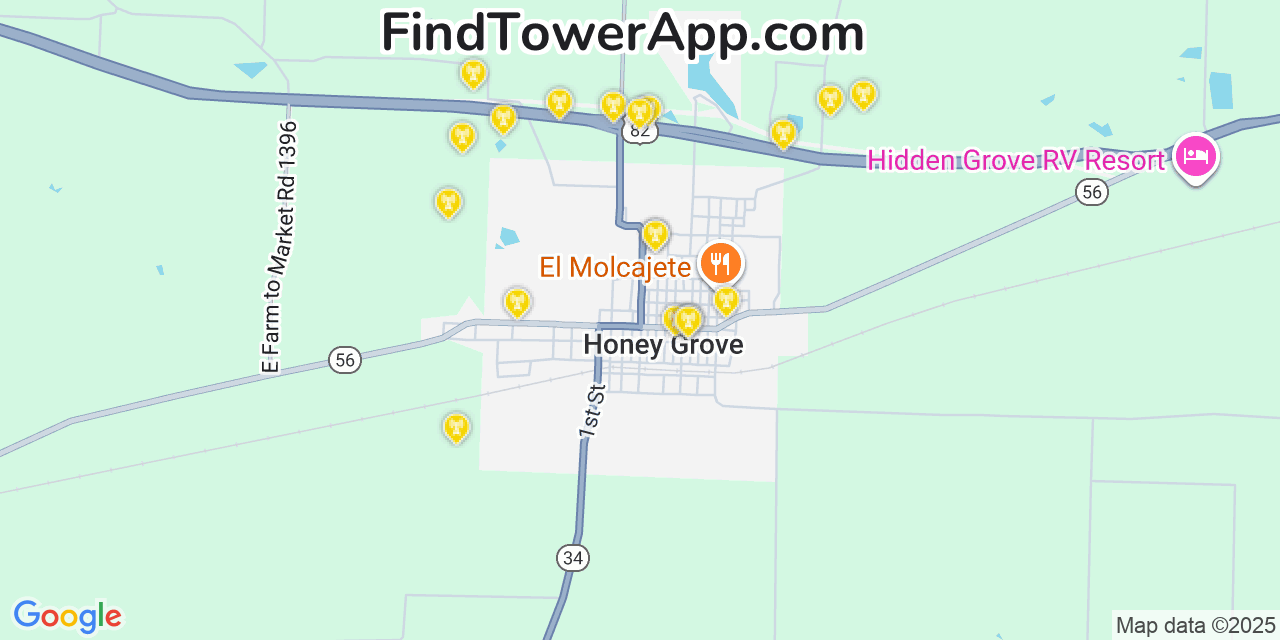 Map showing the 20 primary cell tower locations detected in Honey Grove, Texas from AT&T, Verizon, and T-Mobile networks
