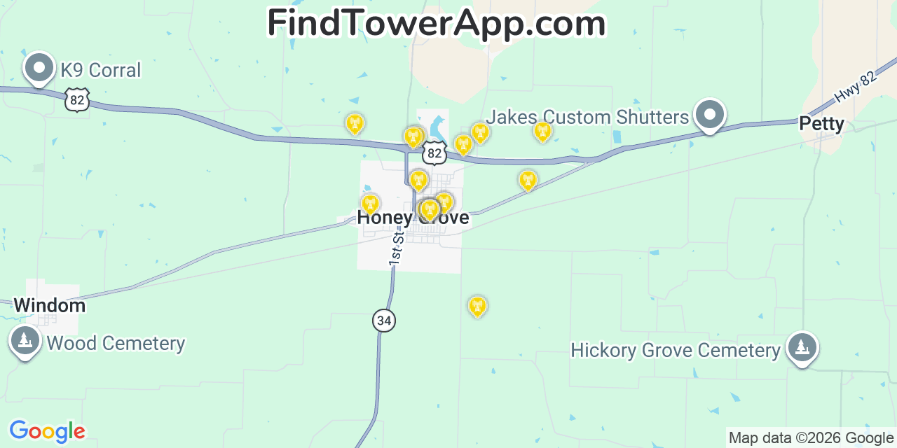 Map showing the 20 primary cell tower locations detected in Honey Grove, Texas from AT&T, Verizon, and T-Mobile networks
