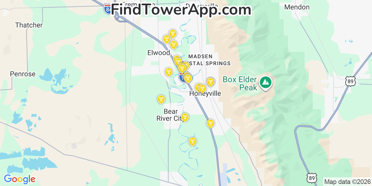 Map showing the 20 primary cell tower locations detected in Honeyville, Utah from AT&T, Verizon, and T-Mobile networks