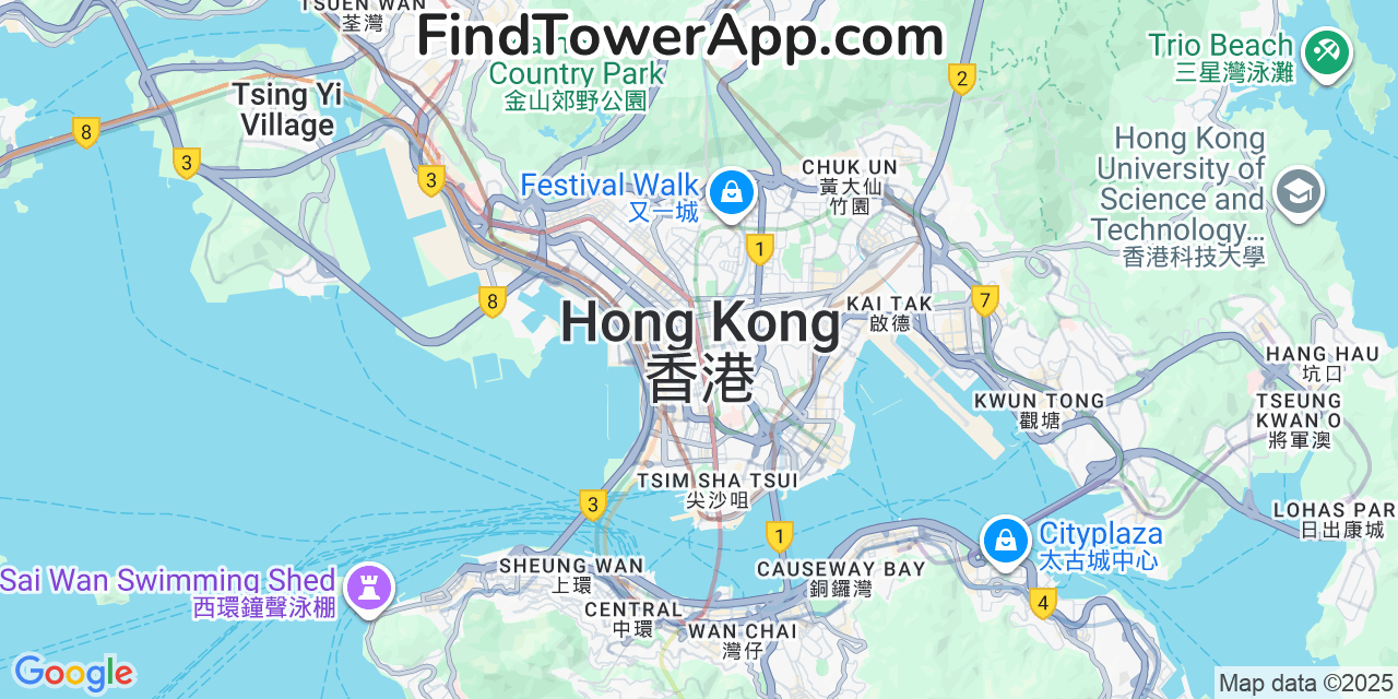Map showing the 0 primary China-Telecom cell tower locations detected in Hong Kong, China with coverage radius and signal strength indicators