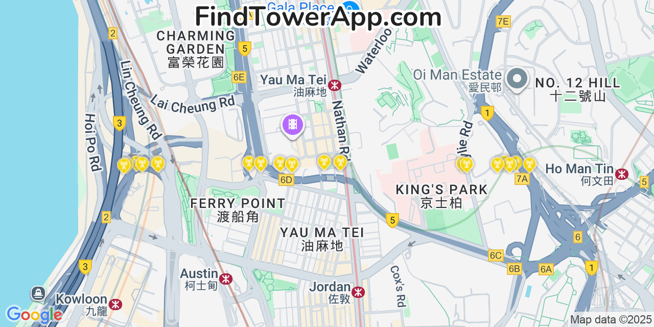 Map showing the 20 primary cell tower locations detected in Hong Kong, China with coverage areas and signal strength