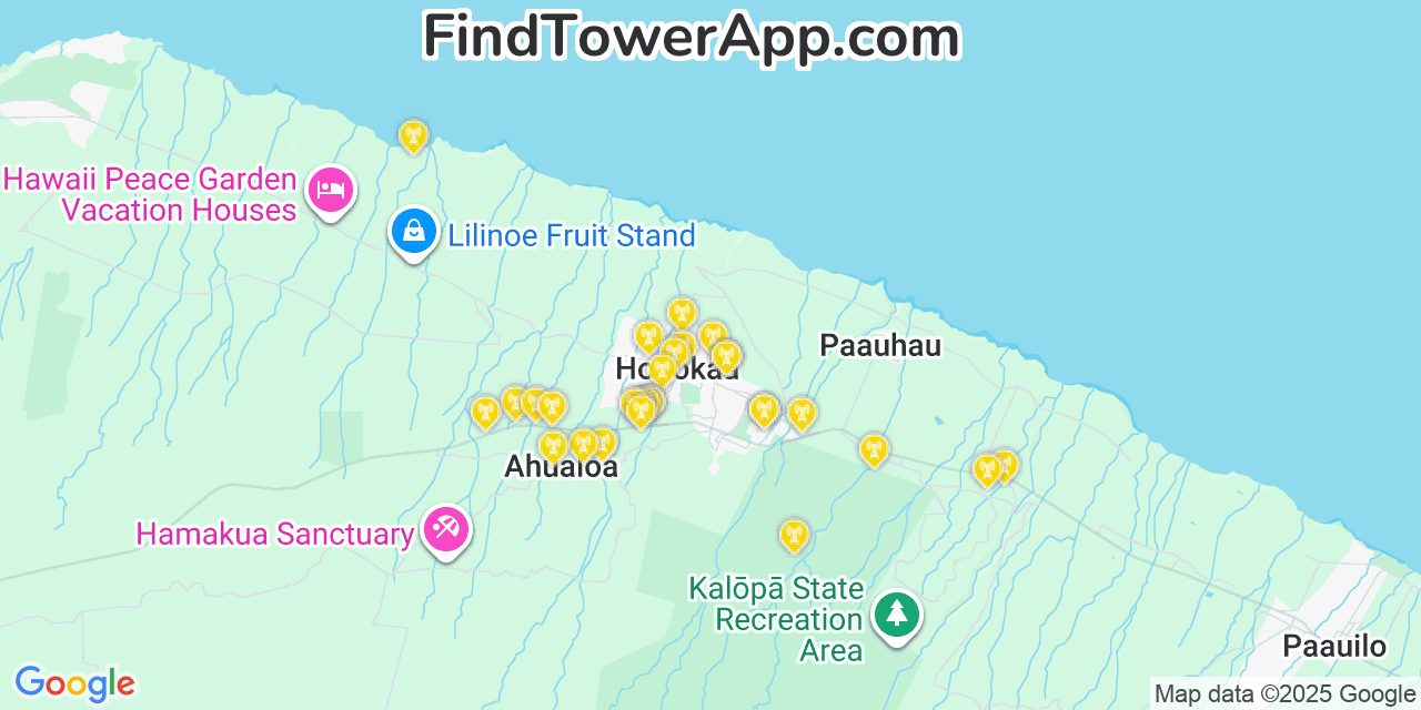 Map showing the 29 primary AT&T cell tower locations detected in Honoka‘a, Hawaii with coverage radius and signal strength indicators