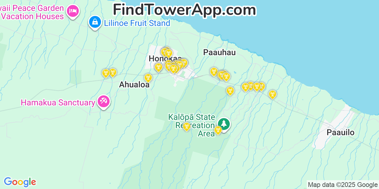 Map showing the 34 primary T-Mobile cell tower locations detected in Honoka‘a, Hawaii with coverage radius and signal strength indicators