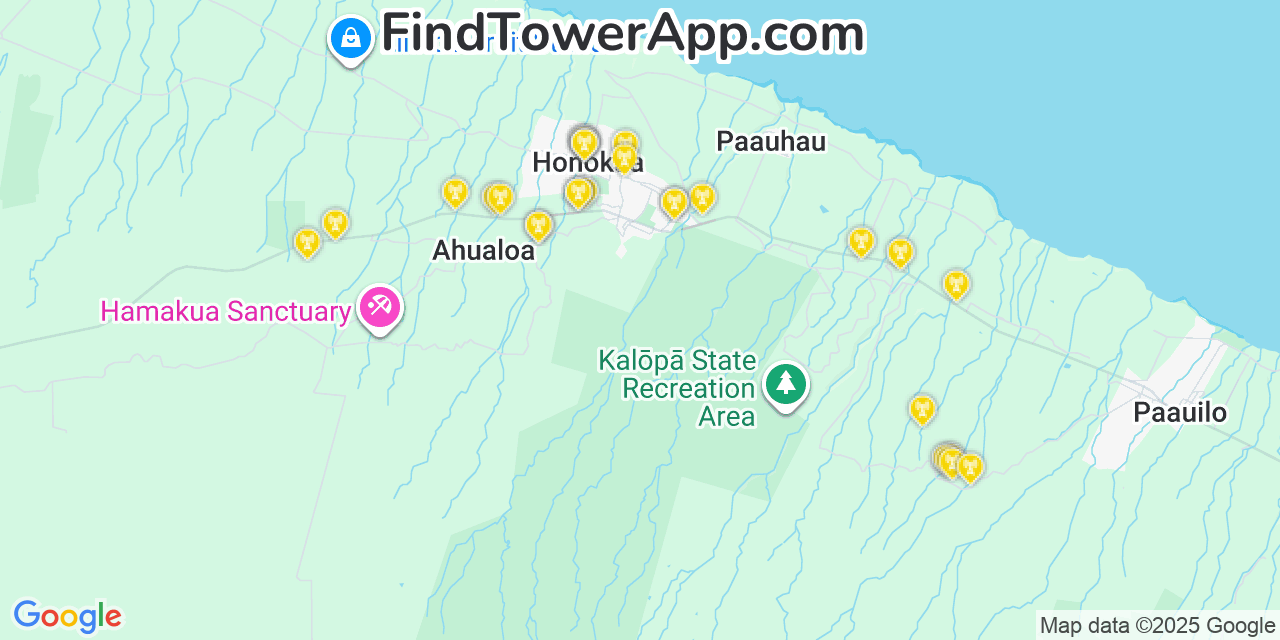 Map showing the 29 primary Verizon cell tower locations detected in Honoka‘a, Hawaii with coverage radius and signal strength indicators