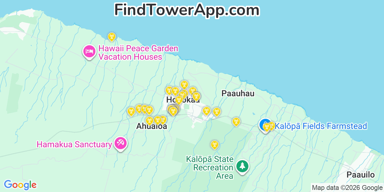 Map showing the 33 primary AT&T cell tower locations detected in Honokaâ€˜A, Hawaii with coverage radius and signal strength indicators