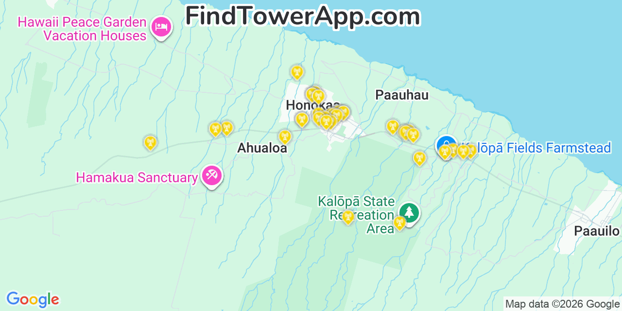 Map showing the 35 primary T-Mobile cell tower locations detected in Honokaâ€˜A, Hawaii with coverage radius and signal strength indicators