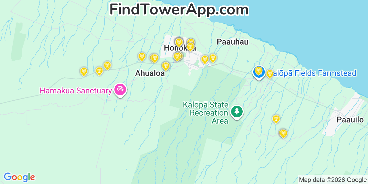 Map showing the 28 primary Verizon cell tower locations detected in Honokaâ€˜A, Hawaii with coverage radius and signal strength indicators