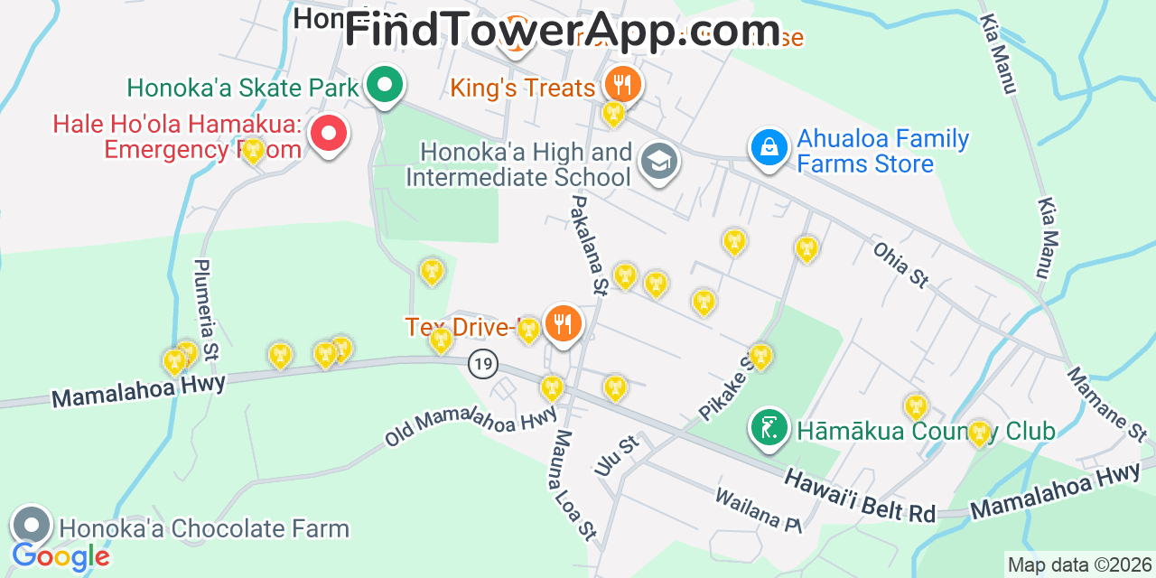 Map showing the 20 primary cell tower locations detected in Honokaa, Hawaii from AT&T, Verizon, and T-Mobile networks