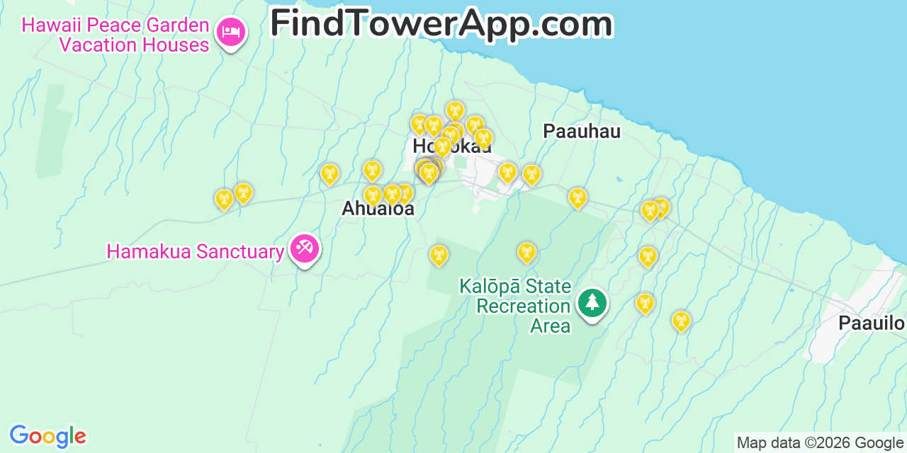 Map showing the 33 primary AT&T cell tower locations detected in Honokaâ€˜A, Hawaii with coverage radius and signal strength indicators