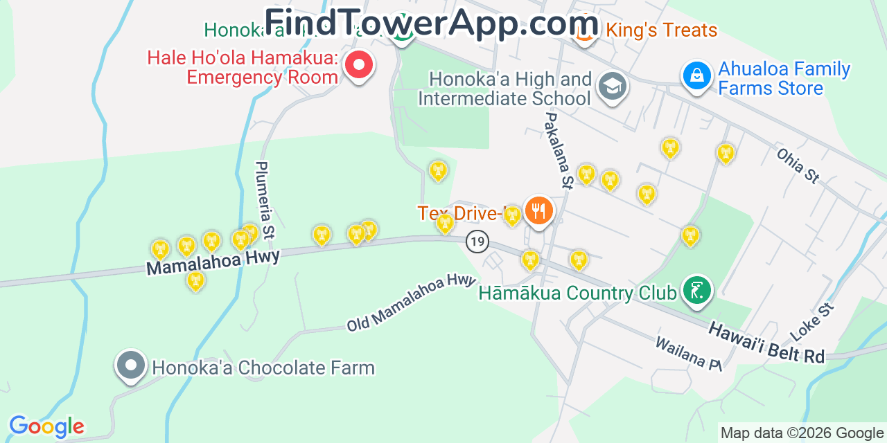 Map showing the 20 primary cell tower locations detected in Honokaâ€˜A, Hawaii from AT&T, Verizon, and T-Mobile networks