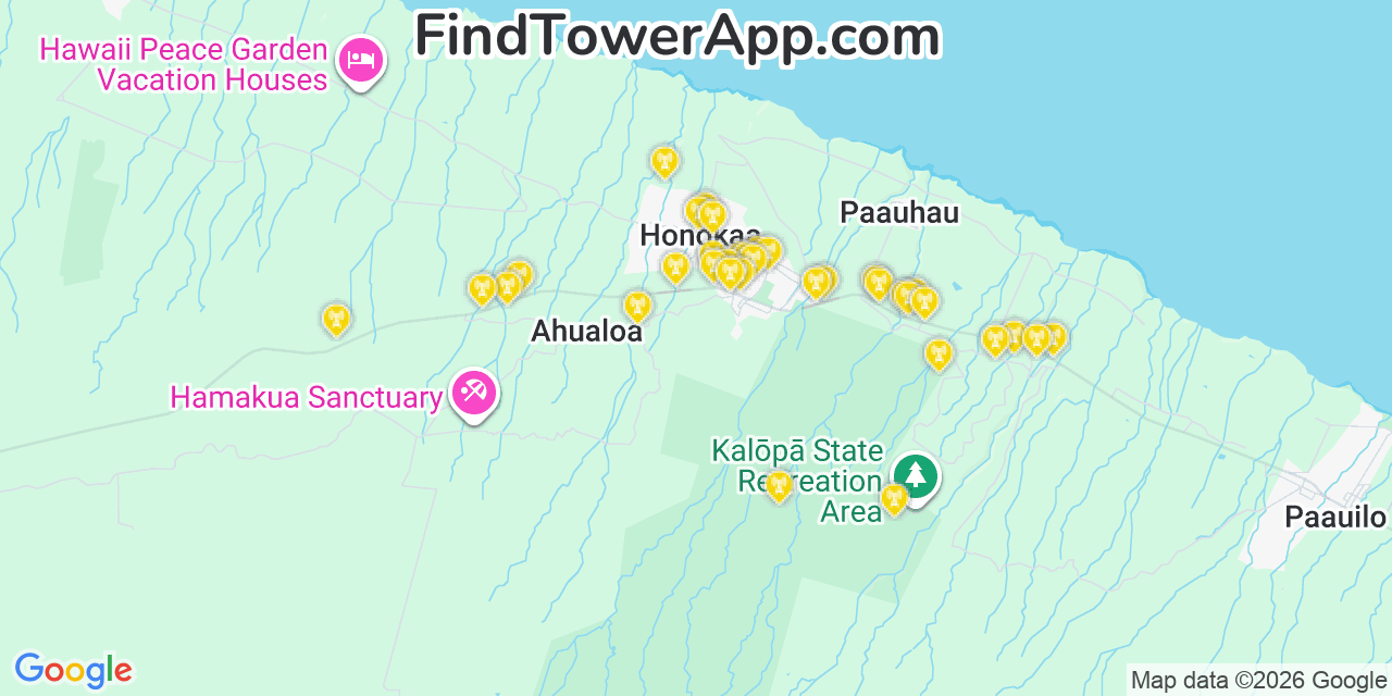 Map showing the 35 primary T-Mobile cell tower locations detected in Honokaâ€˜A, Hawaii with coverage radius and signal strength indicators