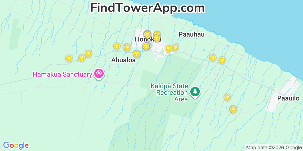 Map showing the 28 primary Verizon cell tower locations detected in Honokaâ€˜A, Hawaii with coverage radius and signal strength indicators
