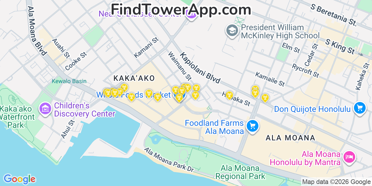 Map showing the 20 primary cell tower locations detected in Honolulu, Hawaii from AT&T, Verizon, and T-Mobile networks