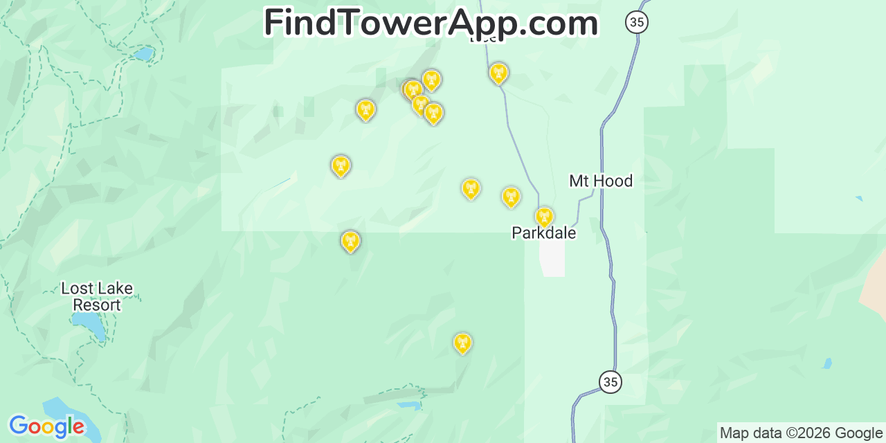 Map showing the 20 primary cell tower locations detected in Hood River, Oregon from AT&T, Verizon, and T-Mobile networks