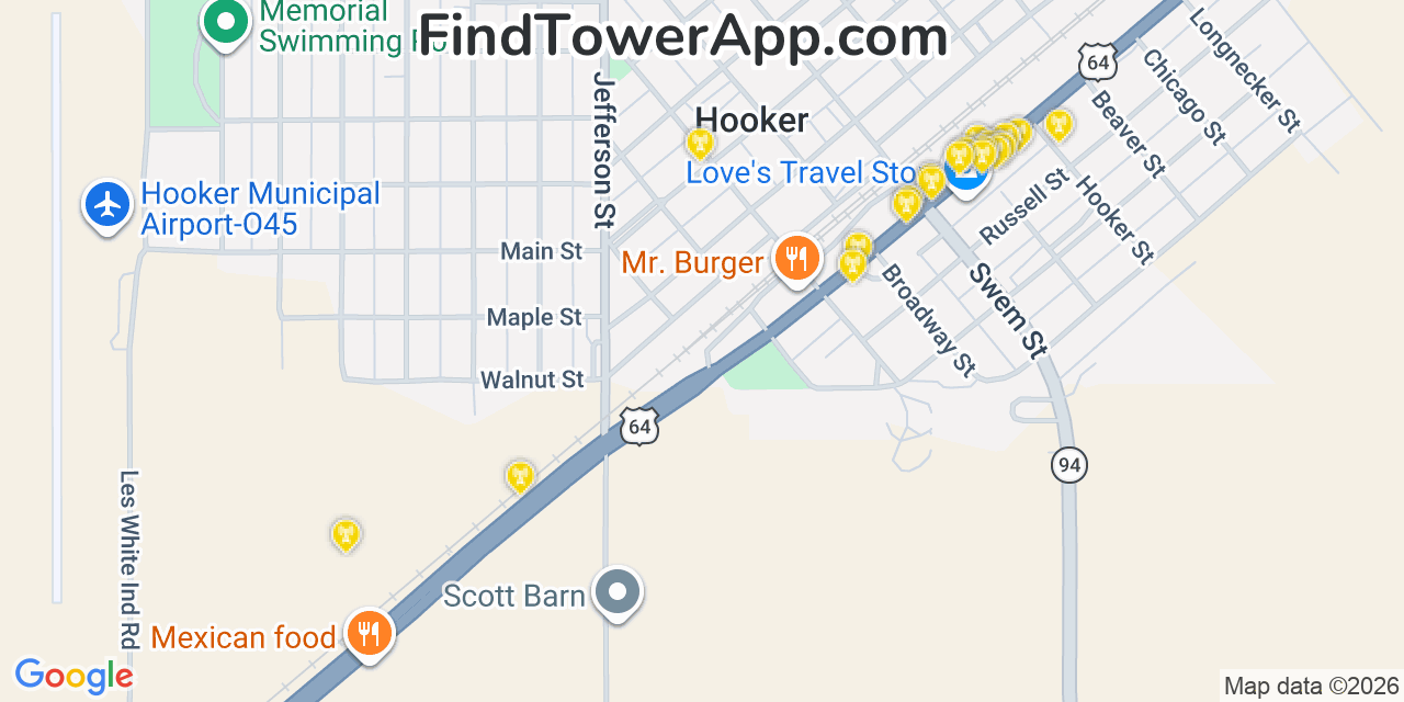 Map showing the 20 primary cell tower locations detected in Hooker, Oklahoma from AT&T, Verizon, and T-Mobile networks