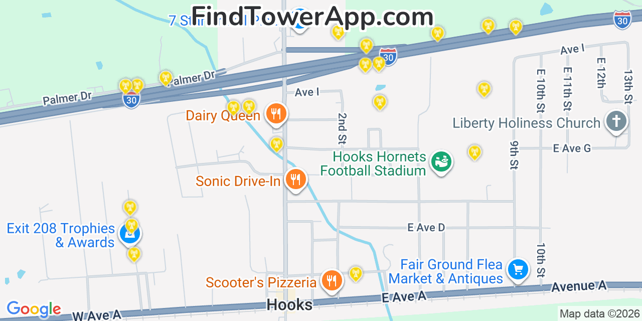 Map showing the 20 primary cell tower locations detected in Hooks, Texas from AT&T, Verizon, and T-Mobile networks
