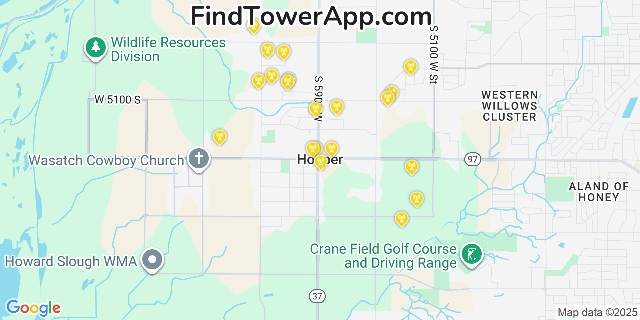 Map showing the 20 primary cell tower locations detected in Hooper, Utah from AT&T, Verizon, and T-Mobile networks
