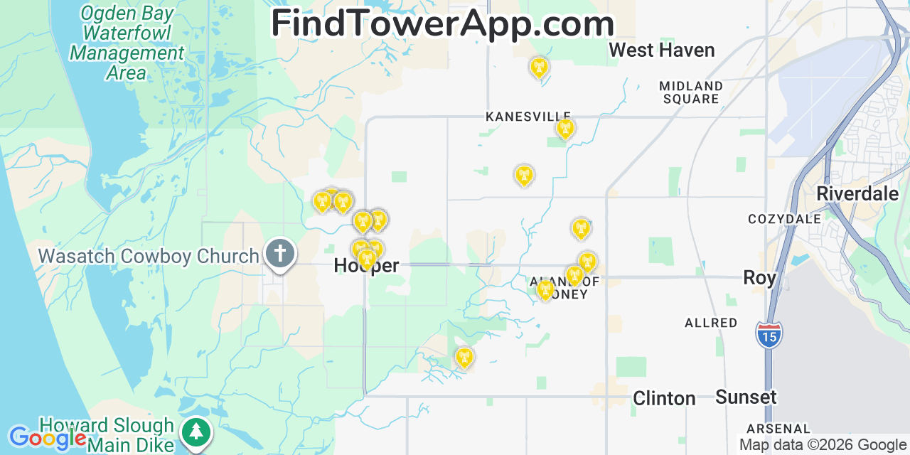 Map showing the 20 primary cell tower locations detected in Hooper, Utah from AT&T, Verizon, and T-Mobile networks