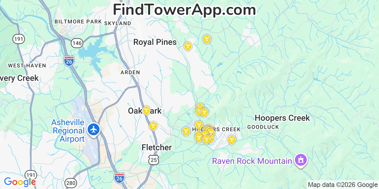 Map showing the 20 primary cell tower locations detected in Hoopers Creek, North Carolina from AT&T, Verizon, and T-Mobile networks