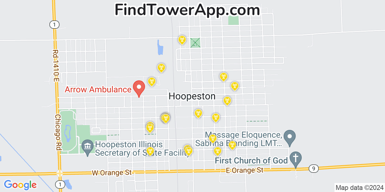 AT&T 4G/5G cell tower coverage map Hoopeston, Illinois