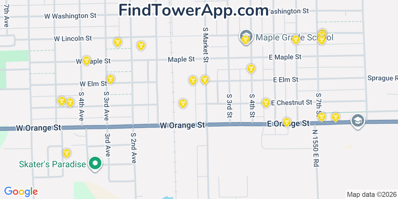 Map showing the 20 primary cell tower locations detected in Hoopeston, Illinois from AT&T, Verizon, and T-Mobile networks