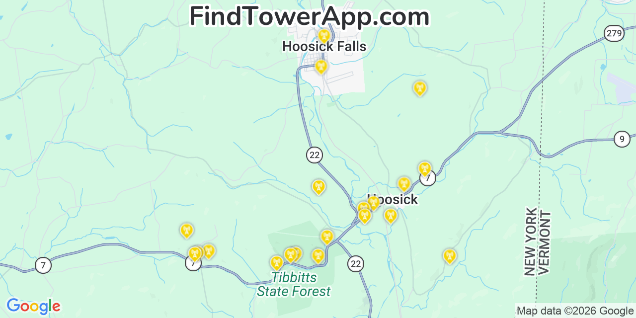Map showing the 20 primary cell tower locations detected in Hoosick Falls, New York from AT&T, Verizon, and T-Mobile networks