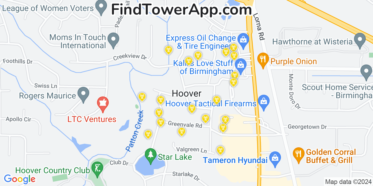 AT&T 4G/5G cell tower coverage map Hoover, Alabama