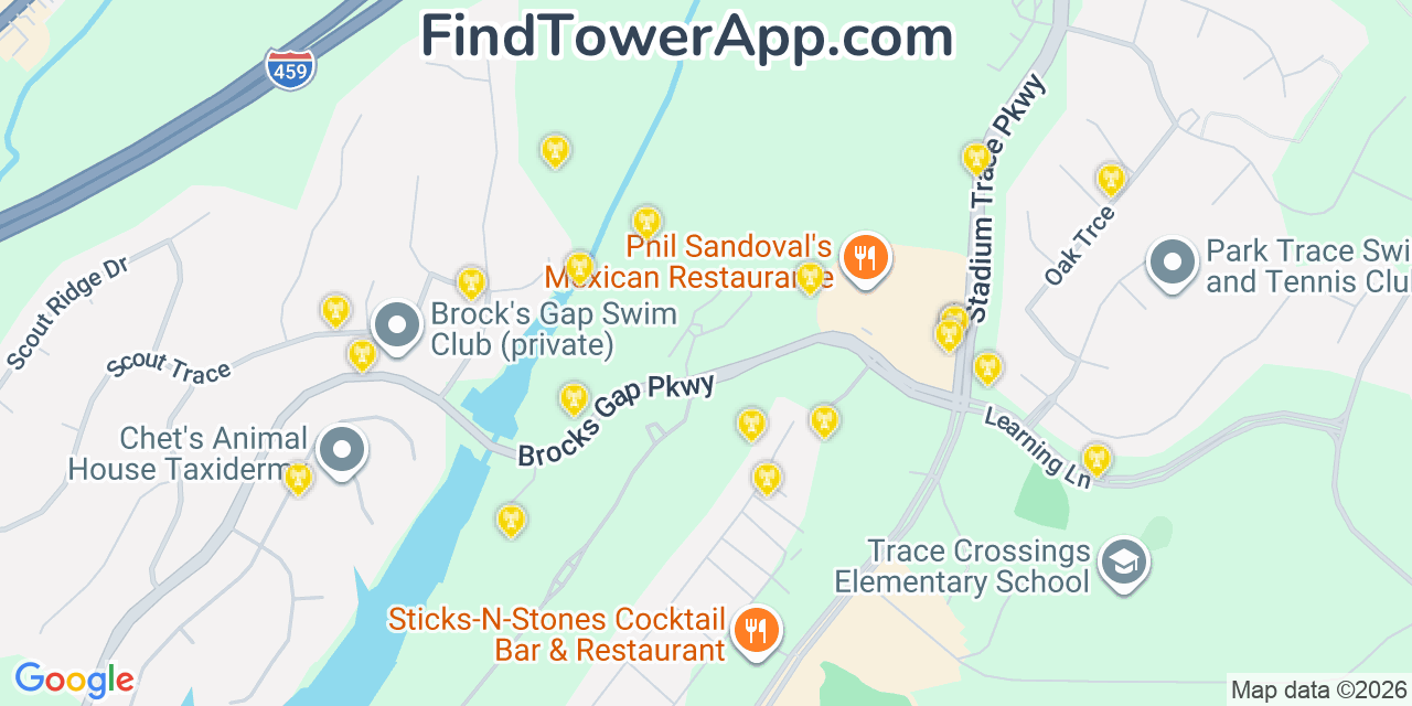 Map showing the 20 primary cell tower locations detected in Hoover, Alabama from AT&T, Verizon, and T-Mobile networks