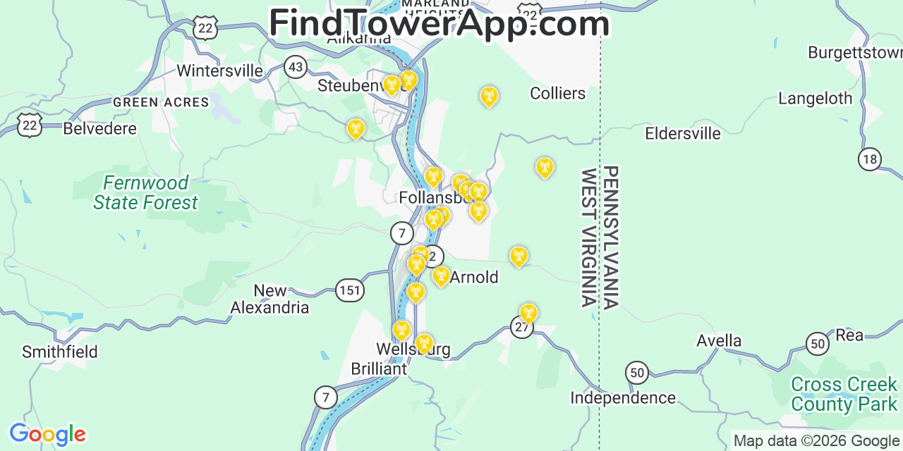 Map showing the 20 primary cell tower locations detected in Hooverson Heights, West Virginia from AT&T, Verizon, and T-Mobile networks