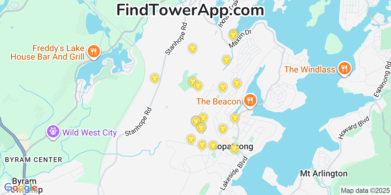 Map showing the 20 primary cell tower locations detected in Hopatcong Hills, New Jersey from AT&T, Verizon, and T-Mobile networks