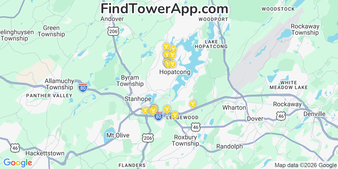 Map showing the 20 primary cell tower locations detected in Hopatcong Hills, New Jersey from AT&T, Verizon, and T-Mobile networks