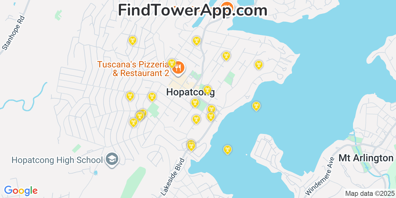 Map showing the 20 primary cell tower locations detected in Hopatcong, New Jersey from AT&T, Verizon, and T-Mobile networks