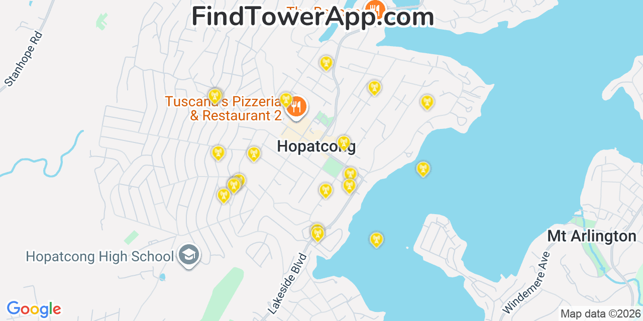 Map showing the 20 primary cell tower locations detected in Hopatcong, New Jersey from AT&T, Verizon, and T-Mobile networks