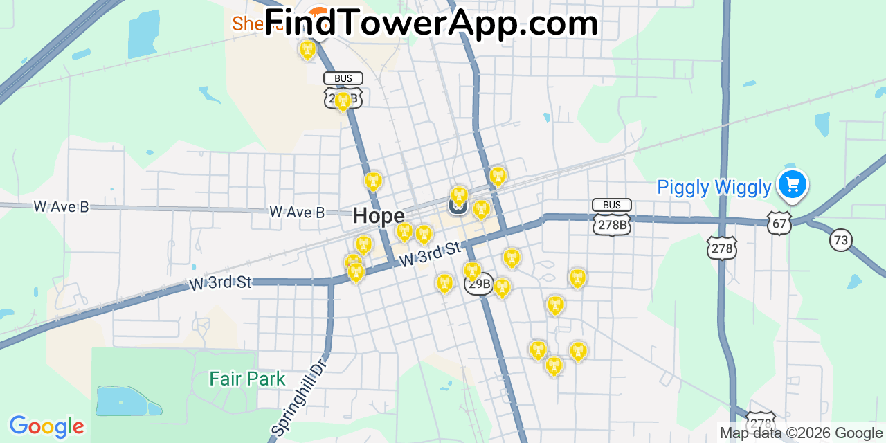 Map showing the 20 primary cell tower locations detected in Hope, Arkansas from AT&T, Verizon, and T-Mobile networks
