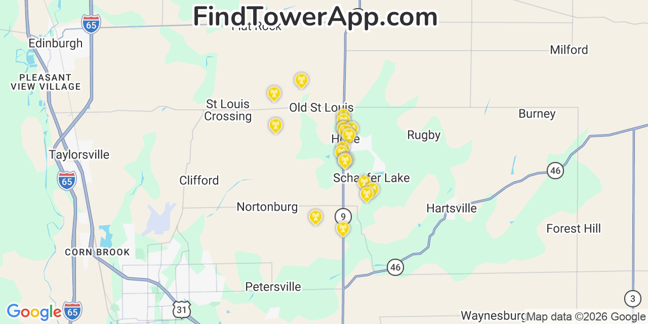 Map showing the 20 primary cell tower locations detected in Hope, Indiana from AT&T, Verizon, and T-Mobile networks