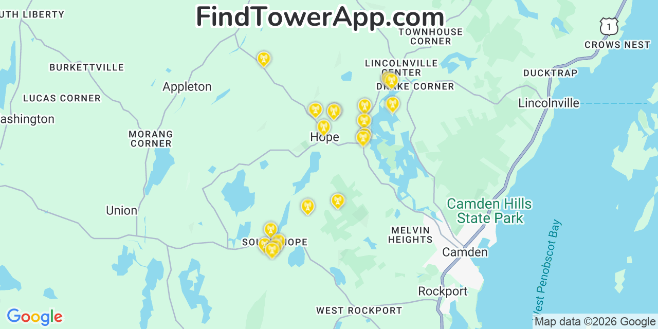 Map showing the 20 primary cell tower locations detected in Hope, Maine from AT&T, Verizon, and T-Mobile networks