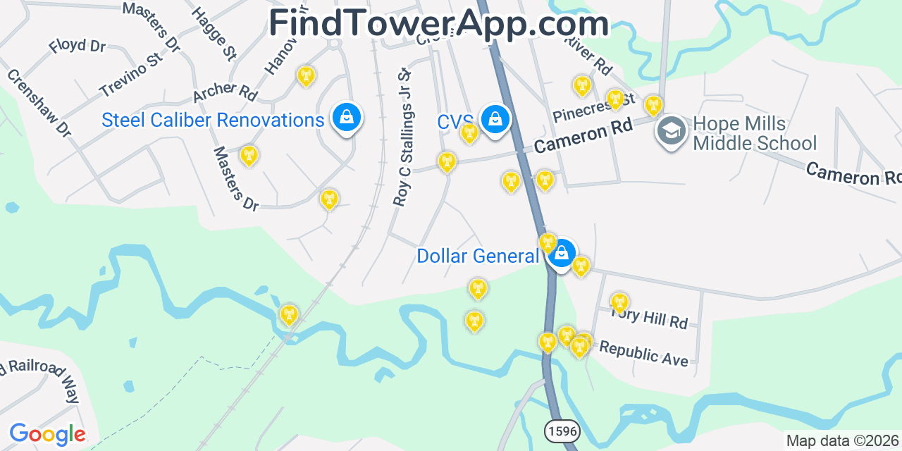 Map showing the 20 primary cell tower locations detected in Hope Mills, North Carolina from AT&T, Verizon, and T-Mobile networks