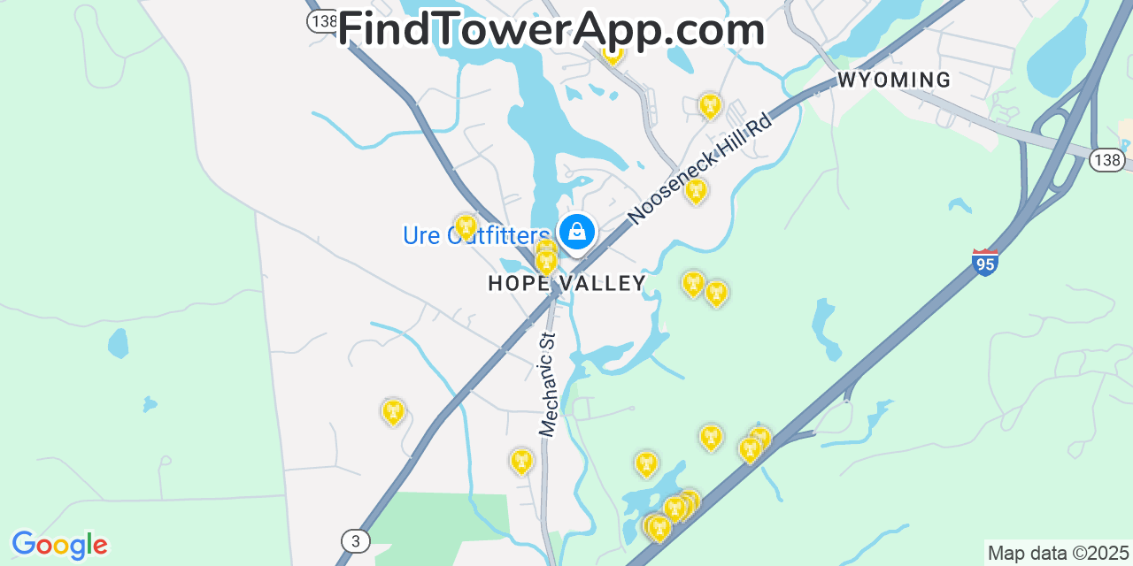 Map showing the 20 primary cell tower locations detected in Hope Valley, Rhode Island from AT&T, Verizon, and T-Mobile networks