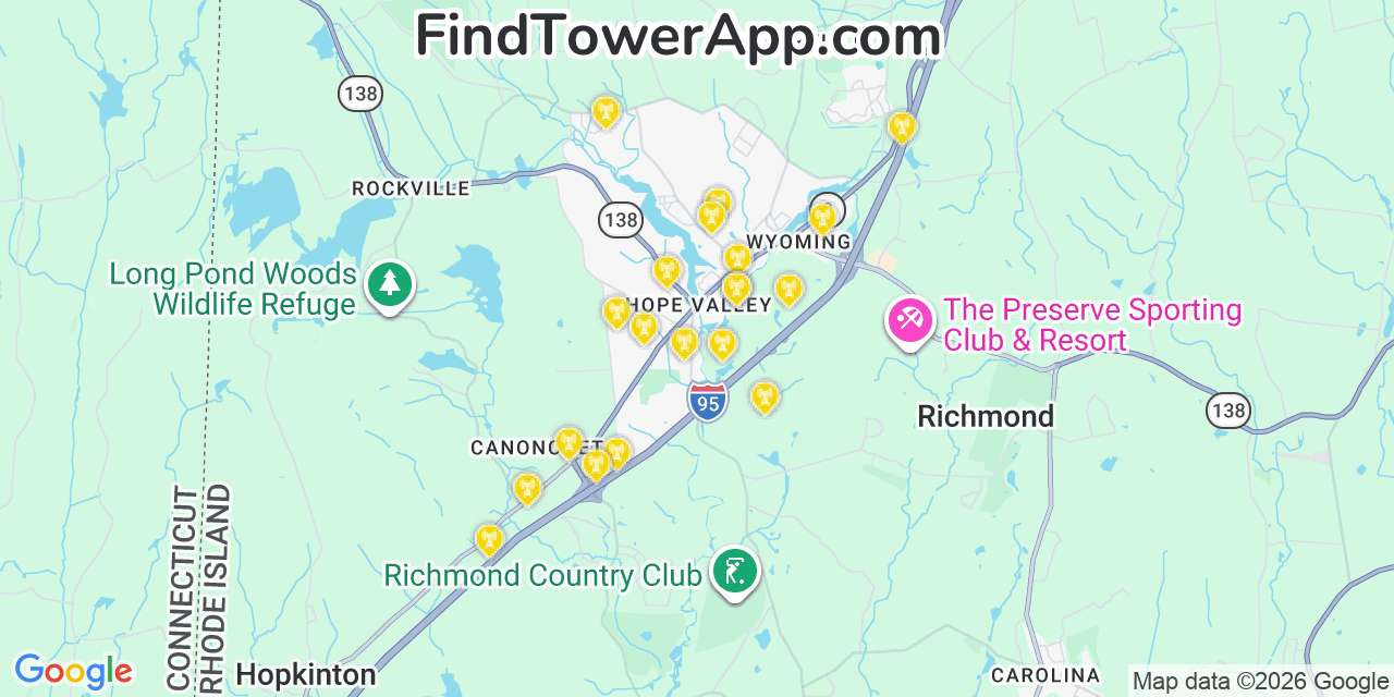 Map showing the 20 primary cell tower locations detected in Hope Valley, Rhode Island from AT&T, Verizon, and T-Mobile networks