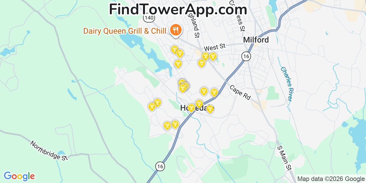 Map showing the 20 primary cell tower locations detected in Hopedale, Massachusetts from AT&T, Verizon, and T-Mobile networks