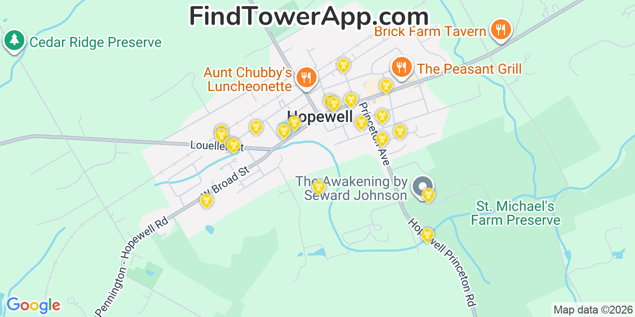 Map showing the 20 primary cell tower locations detected in Hopewell, New Jersey from AT&T, Verizon, and T-Mobile networks