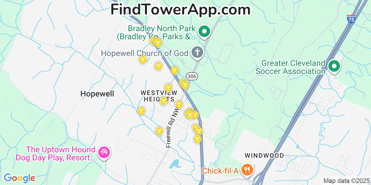 Map showing the 20 primary cell tower locations detected in Hopewell, Tennessee from AT&T, Verizon, and T-Mobile networks
