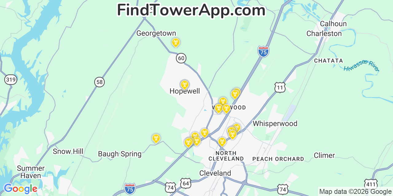 Map showing the 20 primary cell tower locations detected in Hopewell, Tennessee from AT&T, Verizon, and T-Mobile networks