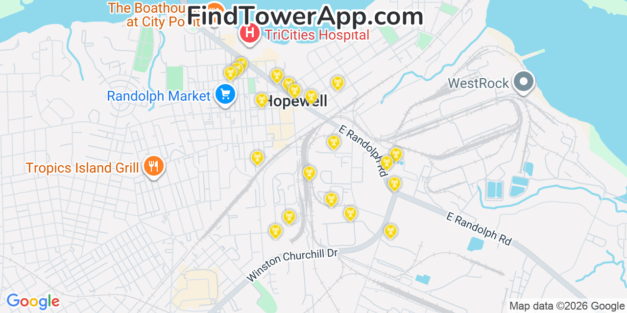 Map showing the 20 primary cell tower locations detected in Hopewell, Virginia from AT&T, Verizon, and T-Mobile networks