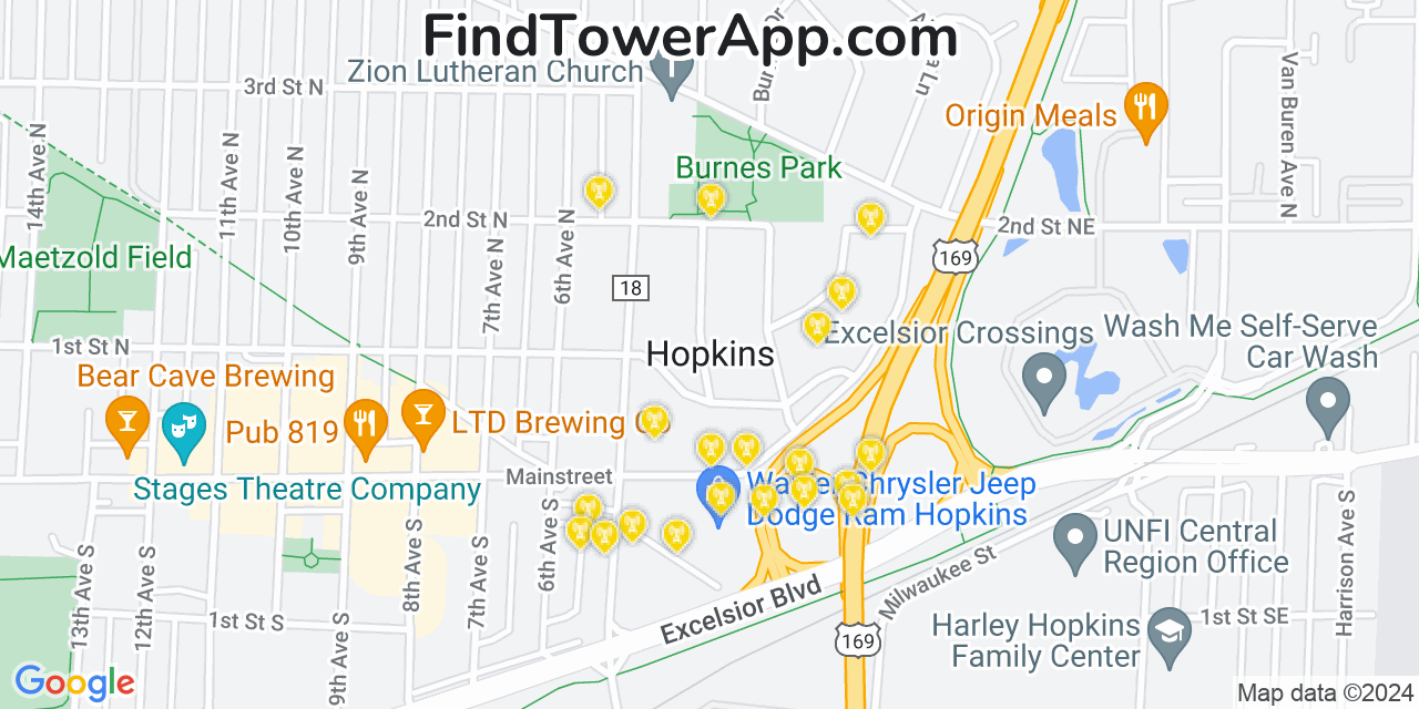 AT&T 4G/5G cell tower coverage map Hopkins, Minnesota