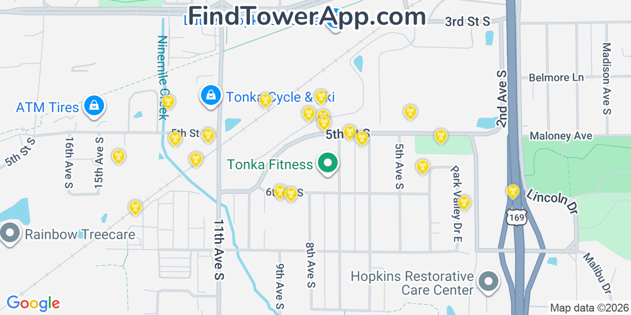 Map showing the 20 primary cell tower locations detected in Hopkins, Minnesota from AT&T, Verizon, and T-Mobile networks