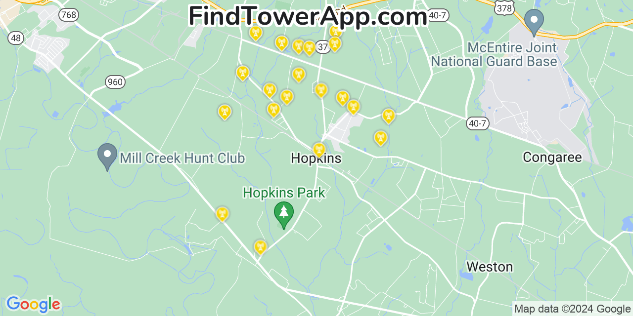 AT&T 4G/5G cell tower coverage map Hopkins, South Carolina