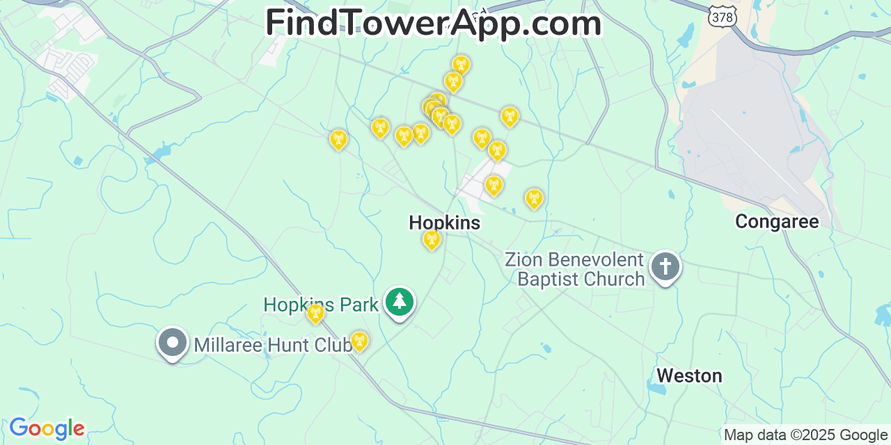 Map showing the 20 primary cell tower locations detected in Hopkins, South Carolina from AT&T, Verizon, and T-Mobile networks