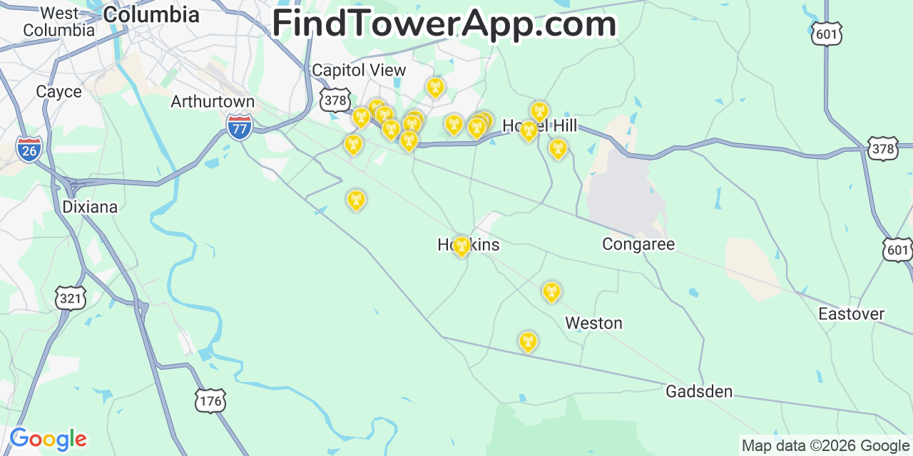 Map showing the 20 primary cell tower locations detected in Hopkins, South Carolina from AT&T, Verizon, and T-Mobile networks