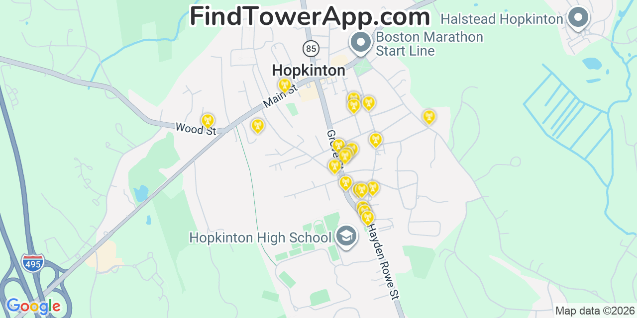 Map showing the 20 primary cell tower locations detected in Hopkinton, Massachusetts from AT&T, Verizon, and T-Mobile networks
